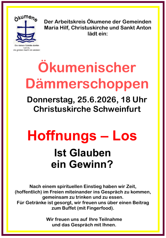 Ökumenischer Dämmerschoppen amDo, 25.6. 18 Uhr, Christuskirche